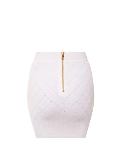 Shop Balmain Knit Skirt With Rhombus Motif In White