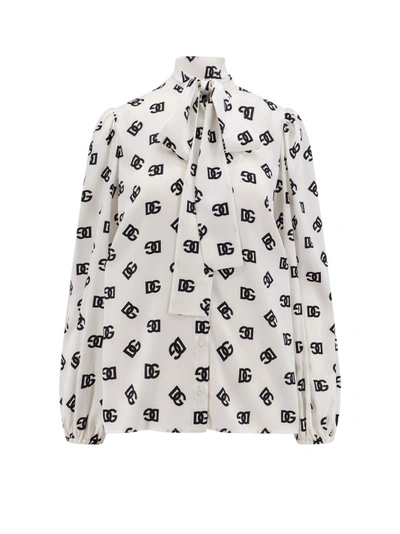 Shop Dolce & Gabbana Silk Shirt With All-over Dg Logo In White