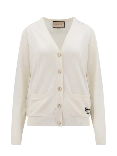 Shop Gucci Wool Cardigan With Iconic Embroidery In White