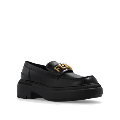 Shop Fendi Logo Leather Loafers In Black