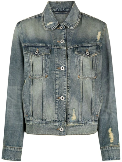Kenzo Denim Ripped Jacket With Peter Pan Collar In Stone