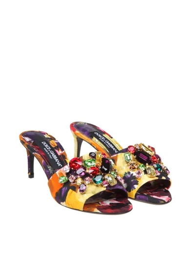 Shop Dolce & Gabbana Slippers In Brocade Fabric With Colored Stones In Brown