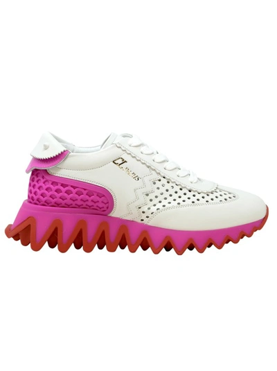 Shop Christian Louboutin White And Pink Leather Loubishark Sneakers