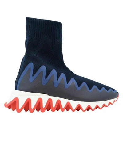 Shop Christian Louboutin Blue Fabric Sharky Sock Sneakers In Black