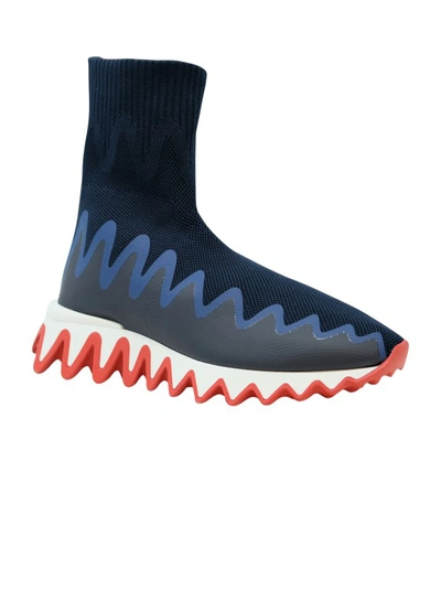 Shop Christian Louboutin Blue Fabric Sharky Sock Sneakers In Black