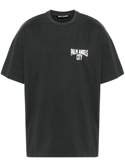 Shop Palm Angels City Washed Cotton T-shirt In Dark Grey White