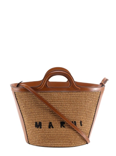Shop Marni Rafia Handbag With Embroidered Logo Detail In Brown