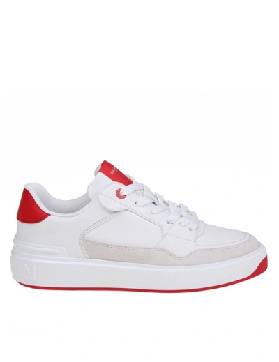 Shop Balmain B-court Flip Sneakers In White And Red Leather