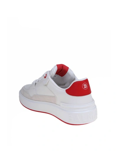 Shop Balmain B-court Flip Sneakers In White And Red Leather