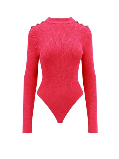 Shop Balmain Ribbed Sustainable Viscose Body In Red