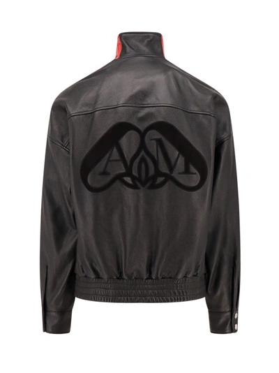 Shop Alexander Mcqueen Leather Jacket With Contrasting Bands In Black