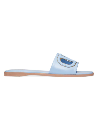 Shop Valentino Women's Vlogo Cut-out Calfskin Slide Sandals In Azure Antique Brass