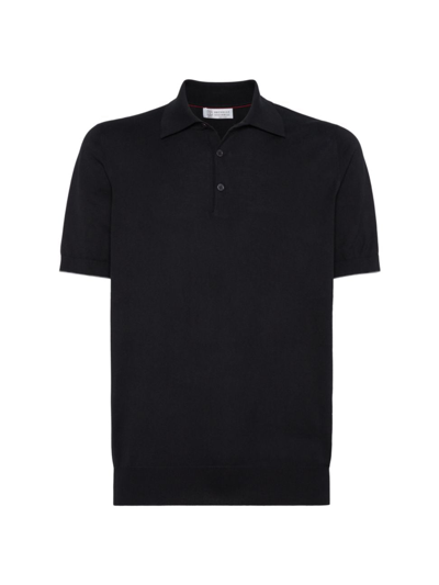 Shop Brunello Cucinelli Men's Cotton Lightweight Knit Polo Shirt In Black