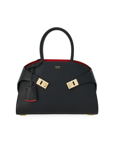 Shop Ferragamo Women's Small Hug Leather Top-handle Bag In Nero Flame Red