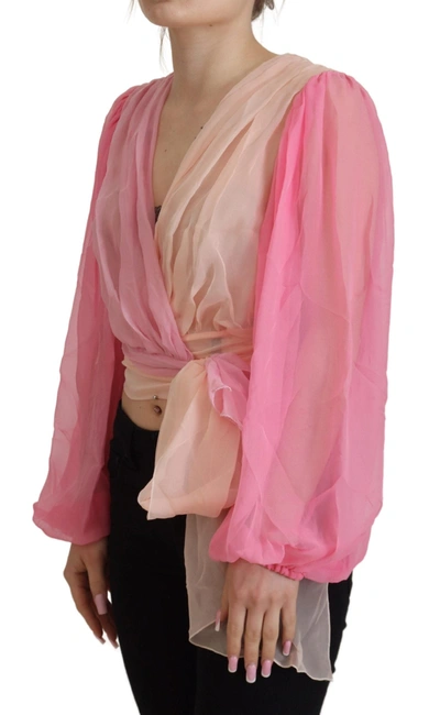 Dolce & Gabbana Pink Silk Wrap Long Sleeves Blouse Top In Pink