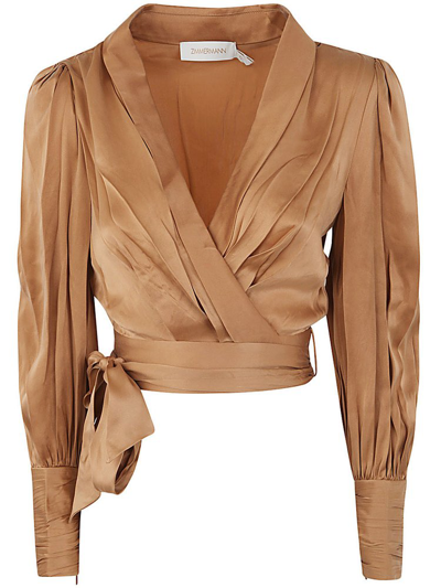 Shop Zimmermann Cropped Wrap Satin Blouse In Brown