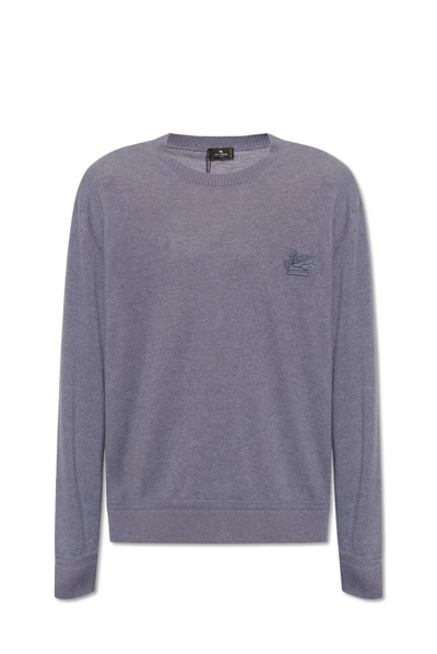 Shop Etro Pegaso Embroidered Knit Jumper In Navy