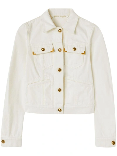 Shop Palm Angels Spread-collar Cotton Denim Jacket In Off White Off White
