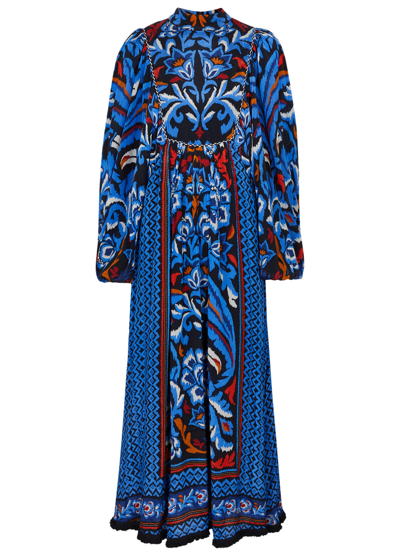 Shop Farm Rio Toucans Printed Satin Maxi Dress In Blue
