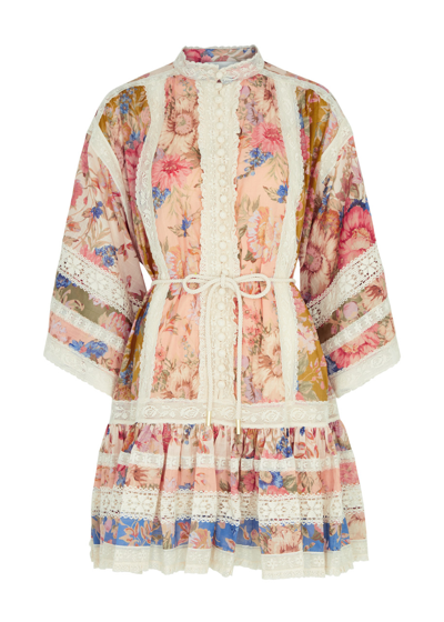 Shop Zimmermann Spliced Floral-print Cotton Mini Dress In Multicoloured