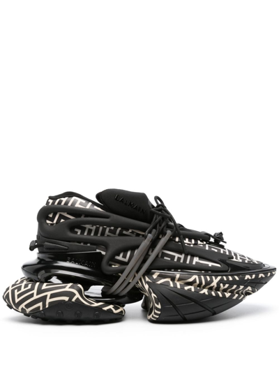 Shop Balmain Black B-bold Monogram-print Leather Sneakers
