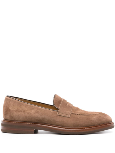 Shop Brunello Cucinelli Brown Suede Penny Loafers