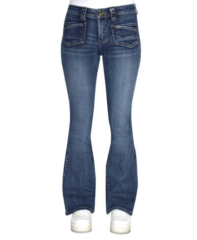 Shop Almost Famous Crave Fame Juniors' Faded Patch-pocket Flare-leg Denim Jeans In Dark Wash