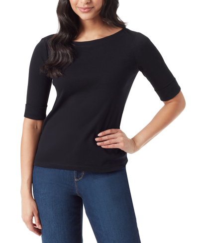 Shop Gloria Vanderbilt Women's Alanis Boat Neck Elbow-sleeve T-shirt In Black