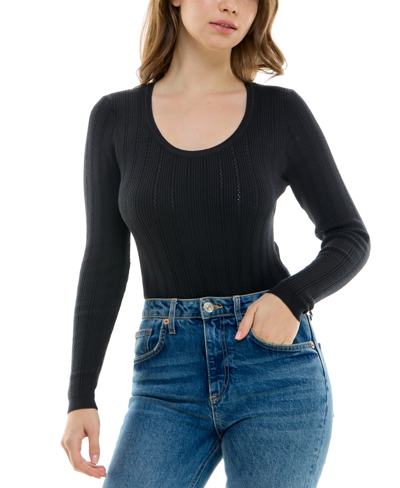 Shop Ultra Flirt Juniors' Long-sleeve Pointelle Sweater Bodysuit In Black
