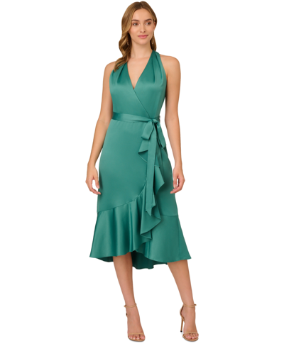 Shop Adrianna Papell Women's Ruffled Faux-wrap Midi Dress In Jungle Green