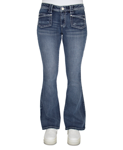 Shop Almost Famous Crave Fame Juniors' Heavy-stitch Flare-leg Denim Jeans In Dark Wash