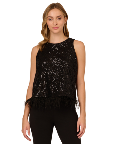 Shop Adrianna Papell Women's Sequin Feather-trim Top In Black
