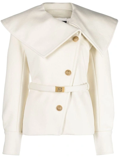 Balmain Oversized-collar Belted Wool Jacket In White