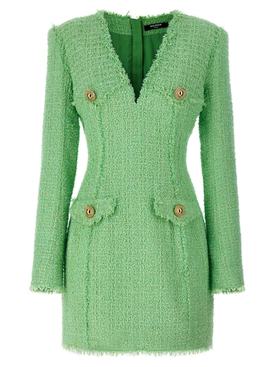 Shop Balmain Logo Button Tweed Dress Dresses Green
