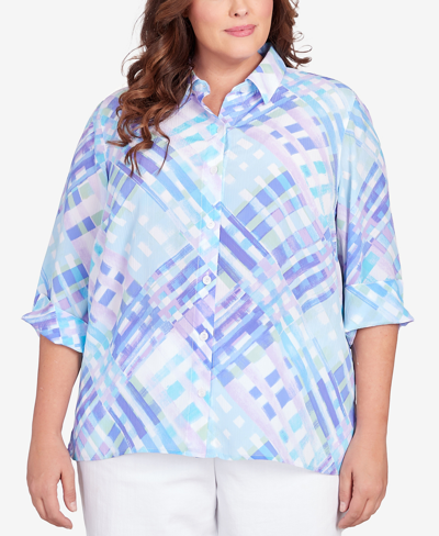 Shop Alfred Dunner Plus Size Classic Brights Lattice Plaid Button Down Top In Turquoise