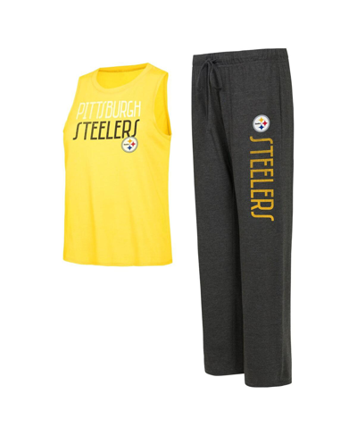 Concepts Sport Women's  Black, Gold Distressed Pittsburgh Steelers Muscle Tank Top And Pants Lounge S In Black,gold
