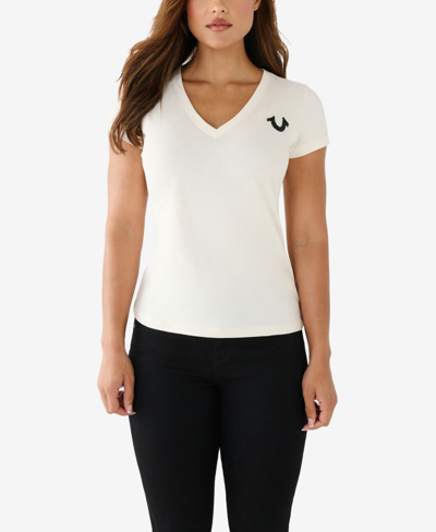 Shop True Religion Women's Short Sleeve Crystal Arch Logo V-neck T-shirt In Winter White