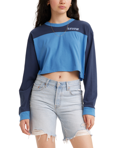 Shop Levi's Women's Graphic Cropped Long-sleeve Football T-shirt In Deep Sea Moss