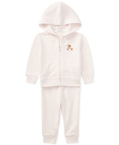 Shop Polo Ralph Lauren Baby Girls Bear Hoodie And Pants Set In Morning Pink