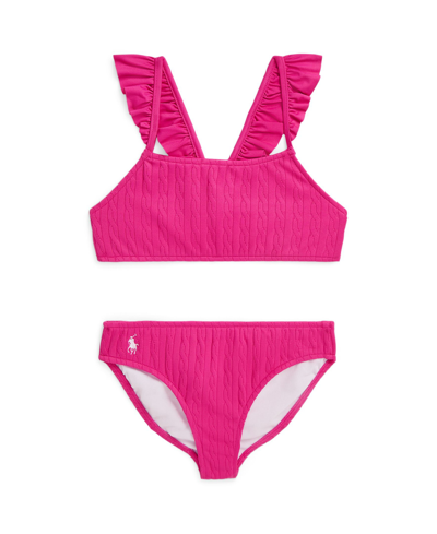 Shop Polo Ralph Lauren Toddler And Little Girls Cable-knit Ruffled Two-piece Swimsuit In Bright Pink With White