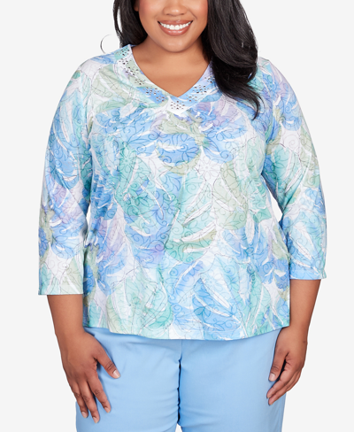 Shop Alfred Dunner Plus Size Classic Pastels Leaves Bordered V-neck Top In Multi