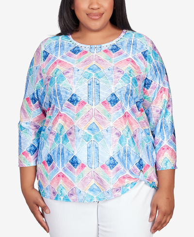 Shop Alfred Dunner Plus Size Classic Denim Stained Glass Grommet Hem Top In Multi