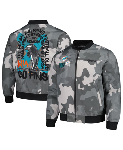 The Wild Collective Men's And Women's  Gray Distressed Miami Dolphins Camo Bomber Jacket In Gray
