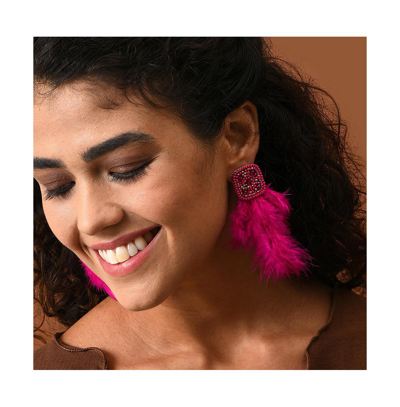 Shop Sohi Women's Pink Beaded Feather Drop Earrings