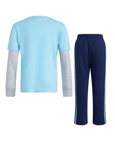 Shop Adidas Originals Little Boys Layered Cotton T-shirt And Fleece Pants Set, 2 Piece In Light Aqua