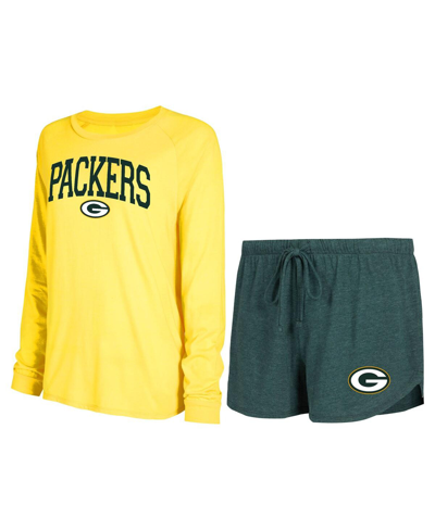 Shop Concepts Sport Women's  Green, Gold Green Bay Packers Raglan Long Sleeve T-shirt And Shorts Lounge Se In Green,gold
