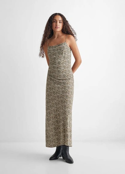Shop Mango Teen Printed Long Dress Beige