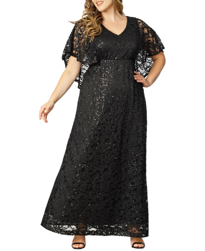 Shop Kiyonna Women's Plus Size Celestial Cape Sleeve Sequined Lace Gown In Onyx