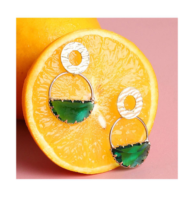 Shop Sohi Women's Green Dented Stone Circular Drop Earrings