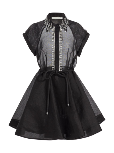 Shop Zimmermann Women's Matchmaker Crystal-embellished Linen & Silk Minidress In Black